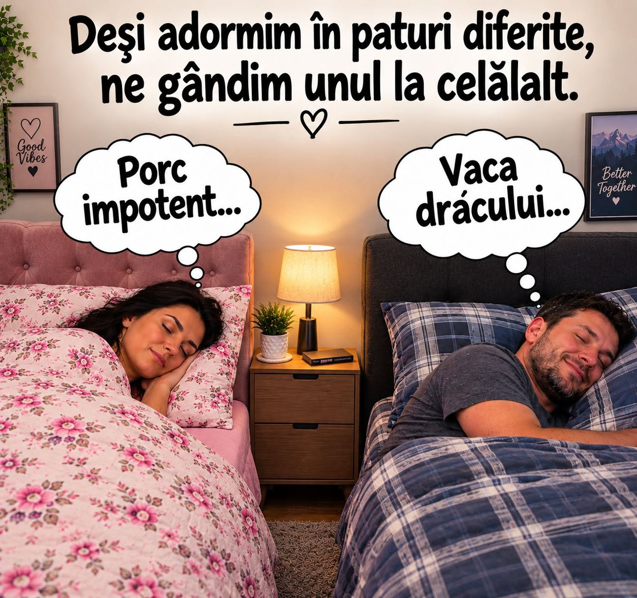 Deși adormim în paturi diferite, ne gândim unul la celălalt: Porc impotent... Vaca dracului...