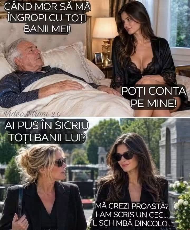 Când mor, să mă îngropi cu toți banii mei! Poți conta pe mine! Ai pus în sicriu toți banii lui? I-am scris un cec, îl schimbă dincolo