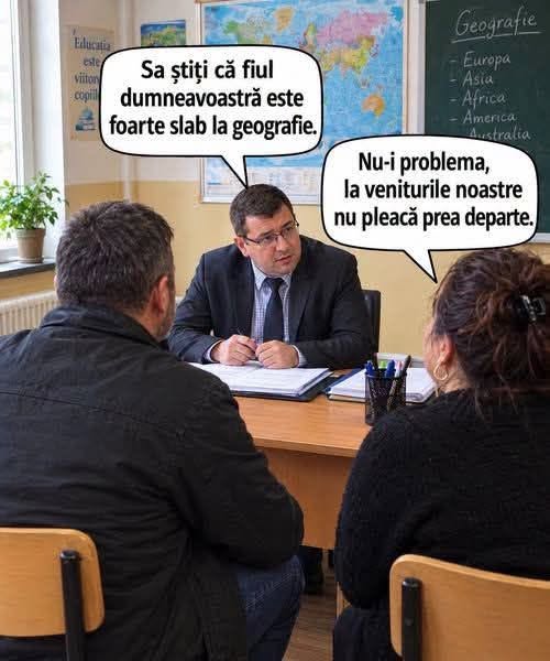 Să știți că fiul dumneavoastră este foarte slab la geografie. Nu-i problemă, la veniturile noastre nu pleacă prea departe