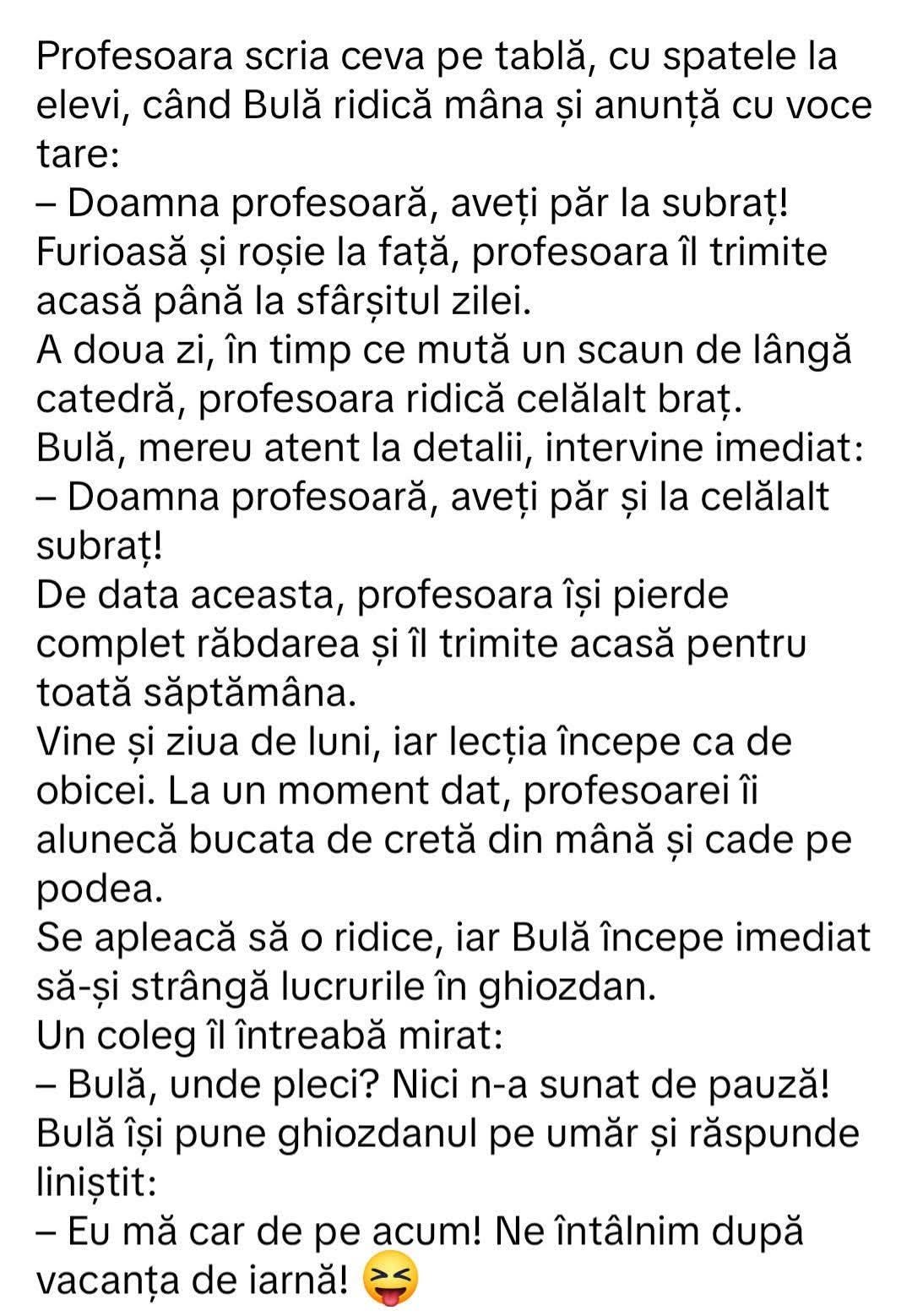 Bulă și profesoara: Doamna profesoară, aveți păr la subraț! După o săptămână acasă, Bulă își ia ghiozdanul: Ne întâlnim după vacanța de iarnă!