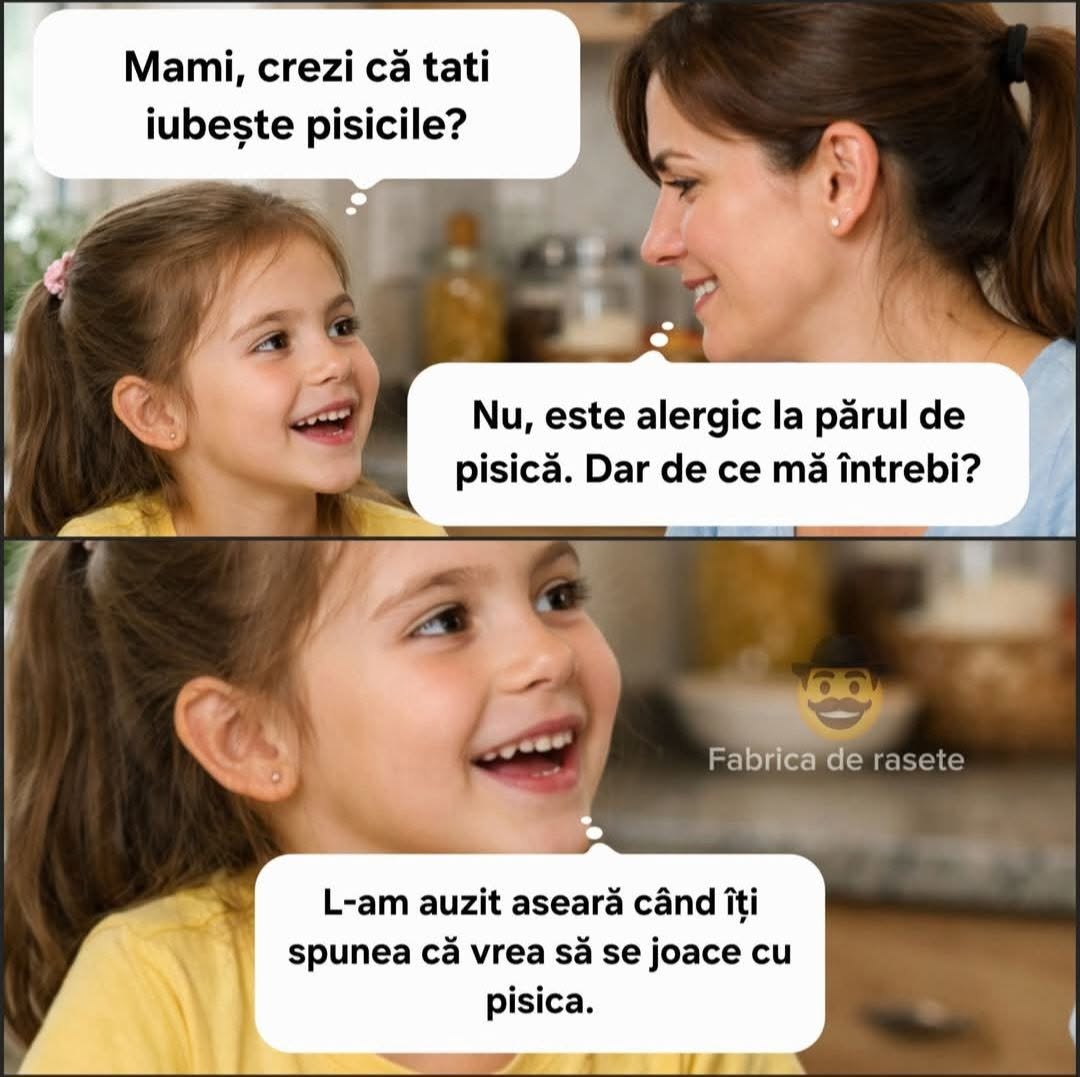 Mami, crezi că tati iubește pisicile? Nu, e alergic la părul de pisică. L-am auzit aseară când îi spunea că vrea să se joace cu pisica