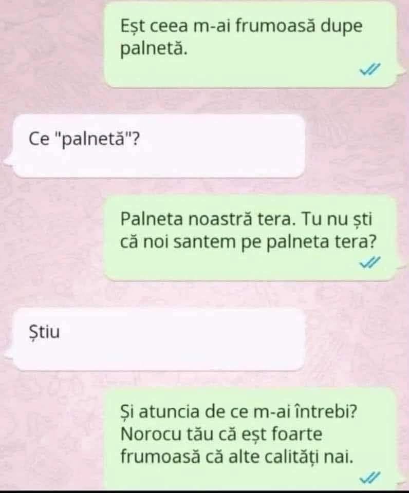 Ești ceea mai frumoasă de pe palnetă. Ce «palnetă»? Palneta noastră Tera. Norocul tău că ești foarte frumoasă că alte calități nai