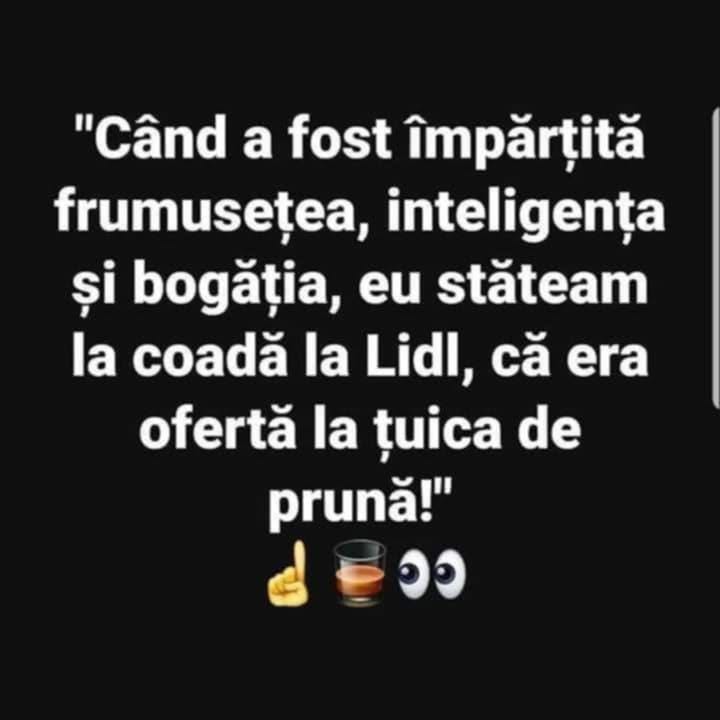 Când a fost împărțită frumusețea, inteligența și bogăția, eu stăteam la coadă la Lidl, că era ofertă la țuica de prună!