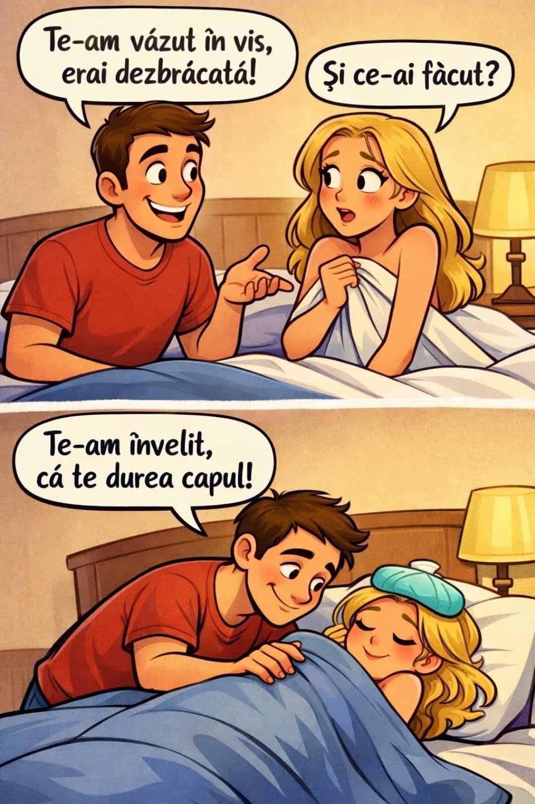 Te-am văzut în vis, erai dezbrăcată! Și ce-ai făcut? Te-am învelit, că te durea capul!