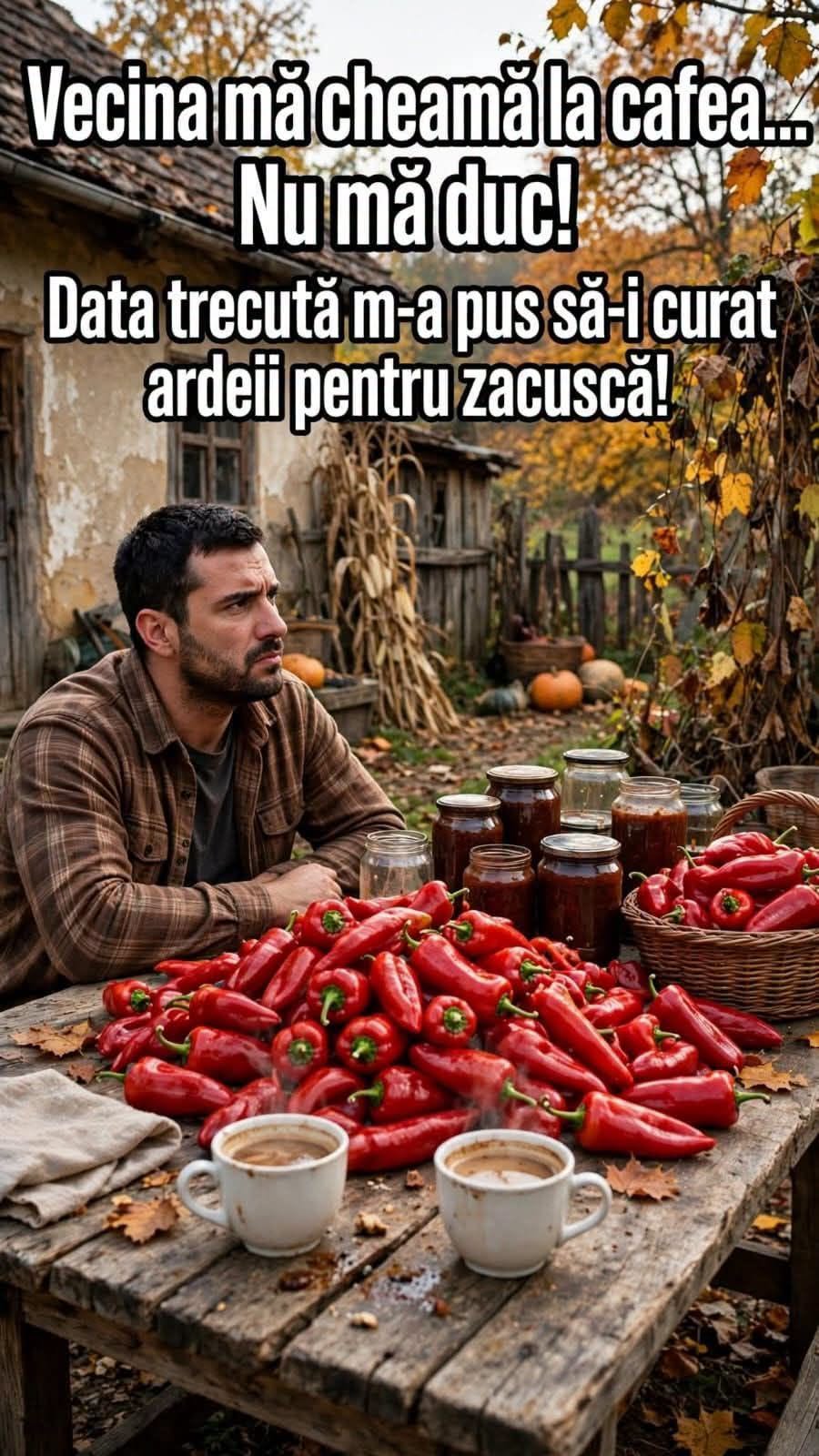 Vecina mă cheamă la cafea... Nu mă duc! Data trecută m-a pus să-i curăț ardeii pentru zacuscă!