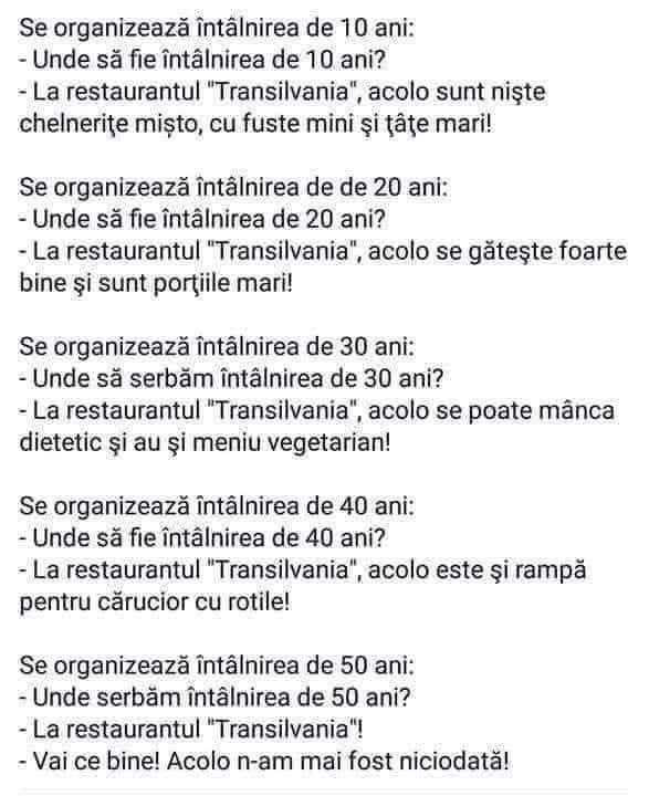 Întâlnirea de 10, 20, 30, 40, 50 de ani... toate la restaurantul «Transilvania»: Vai ce bine! Acolo n-am mai fost niciodată!