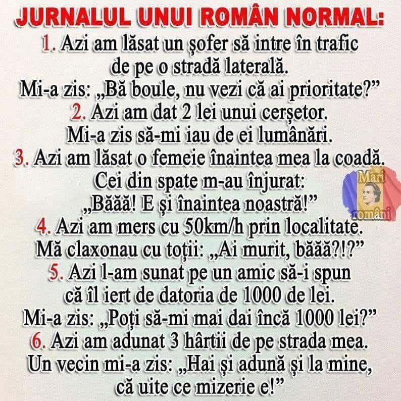 Jurnalul unui român normal: am lăsat un șofer în trafic, am dat 2 lei unui cerșetor, am mers cu 50 km/h prin localitate... și toți m-au înjurat
