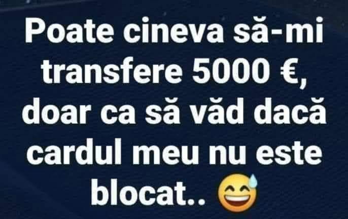 Poate cineva să-mi transfere 5000 de euro, doar ca să văd dacă cardul meu nu este blocat?