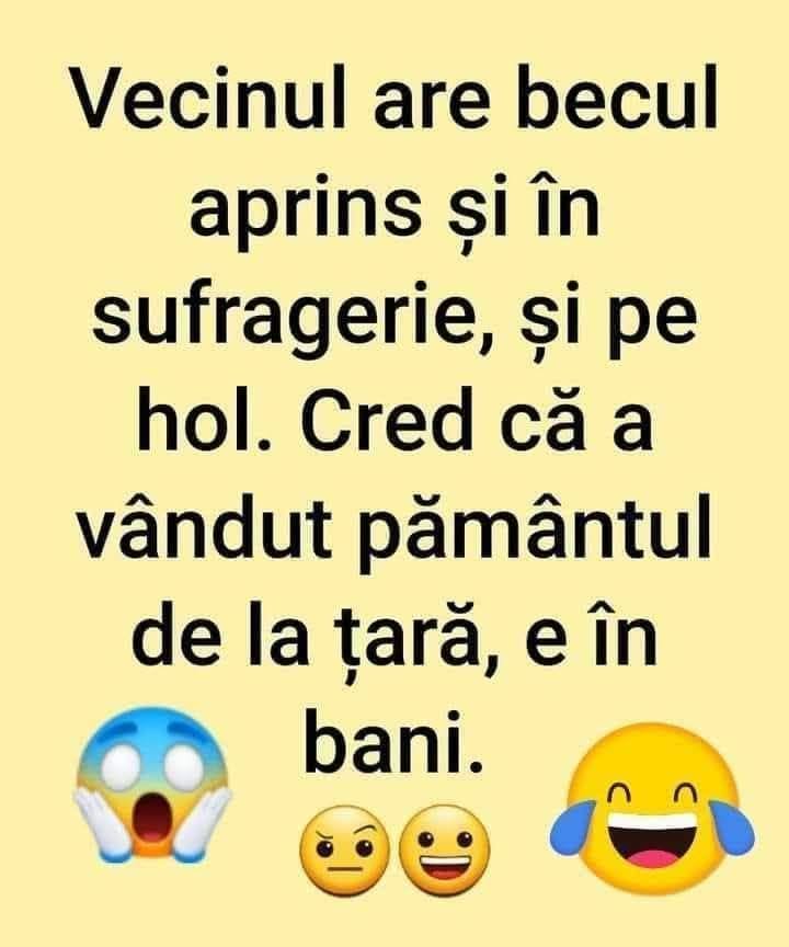 Vecinul are becul aprins în sufragerie și pe hol. Cred că a vândut pământul de la țară, e în bani