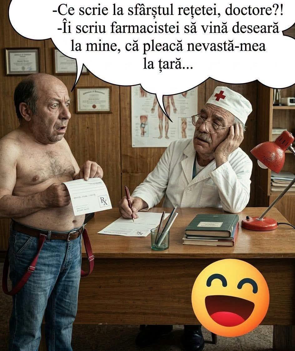 Ce scrie la sfârșitul rețetei, doctore? Îi scriu farmacistei să vină deseară la mine, că pleacă nevasta la țară