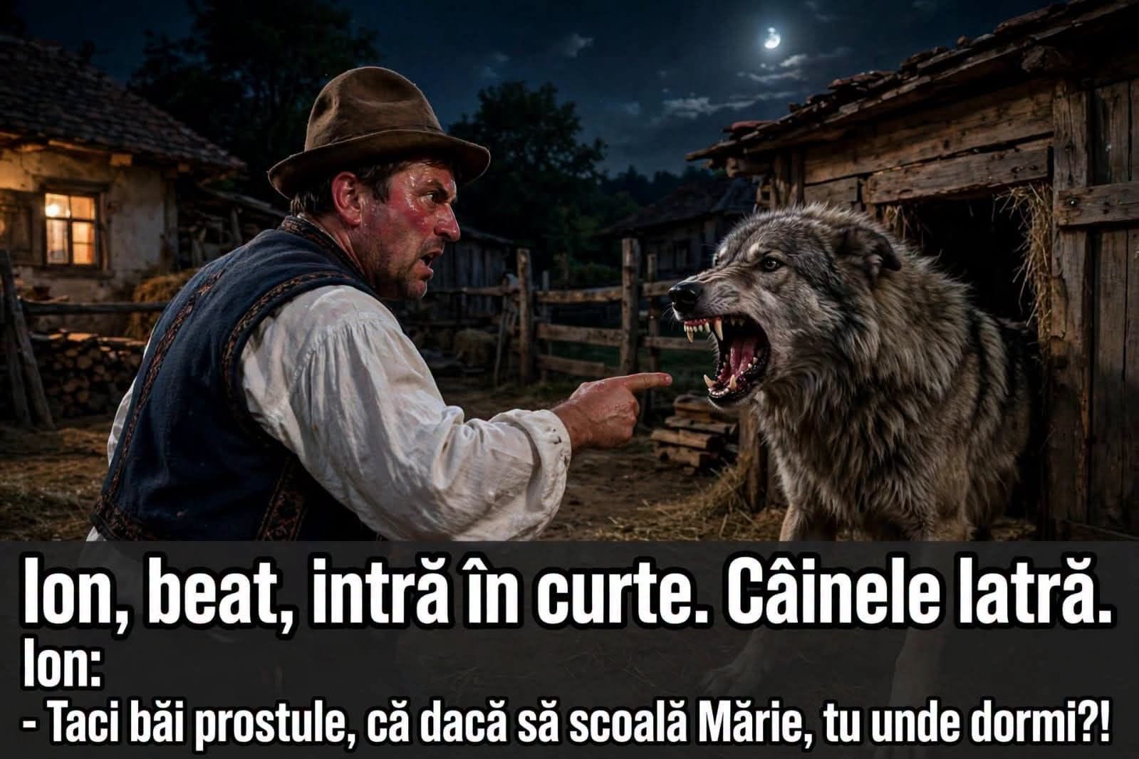 Ion, beat, intră în curte. Câinele latră. Ion: Taci, bă, prostule, că dacă se scoală Mărie, tu unde dormi?