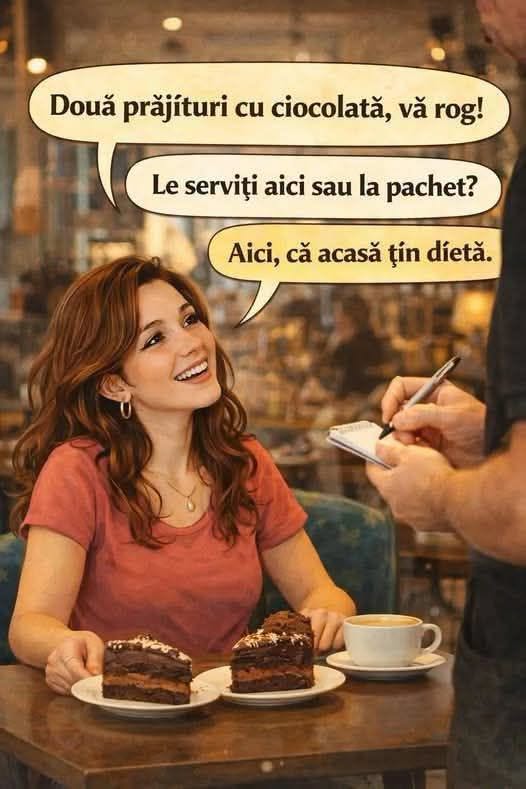 Două prăjituri cu ciocolată, vă rog! Le serviți aici sau la pachet? Aici, că acasă țin dietă