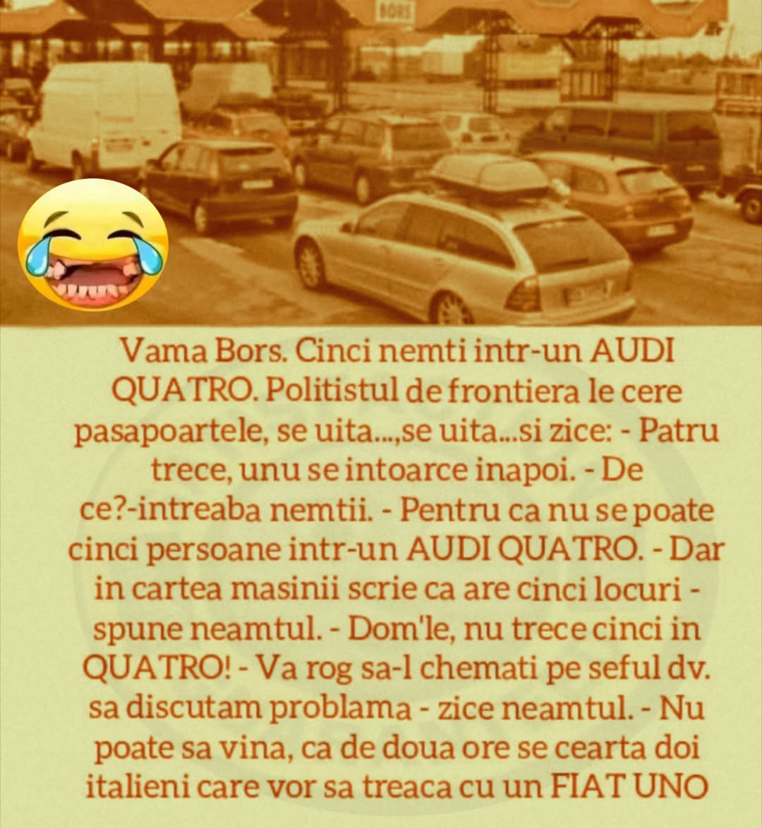 Vama Borș: cinci nemți într-un Audi Quattro. Vameșul: Patru trec, unul se întoarce! Doar scrie Quattro pe mașină