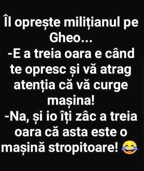 Îl oprește milițianul pe Gheo: A treia oară vă atrag atenția că vă curge mașina! Na, și io îți zâc a treia oară că asta e o mașină stropitoare!