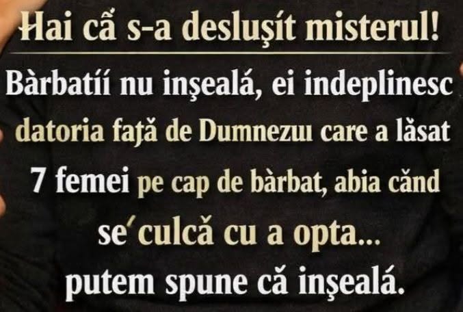 Bărbații nu înșală, ei își fac datoria: Dumnezeu a lăsat 7 femei pe cap de bărbat. Abia când se culcă cu a opta putem spune că înșală!