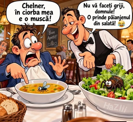 Chelner, în ciorba mea e o muscă! Nu vă faceți griji, domnule, o prinde păianjenul din salată!