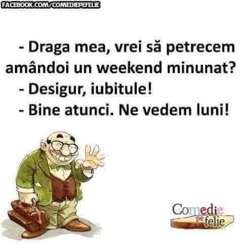 Draga mea, vrei să petrecem amândoi un weekend minunat? Desigur, iubitule! Bine atunci. Ne vedem luni!