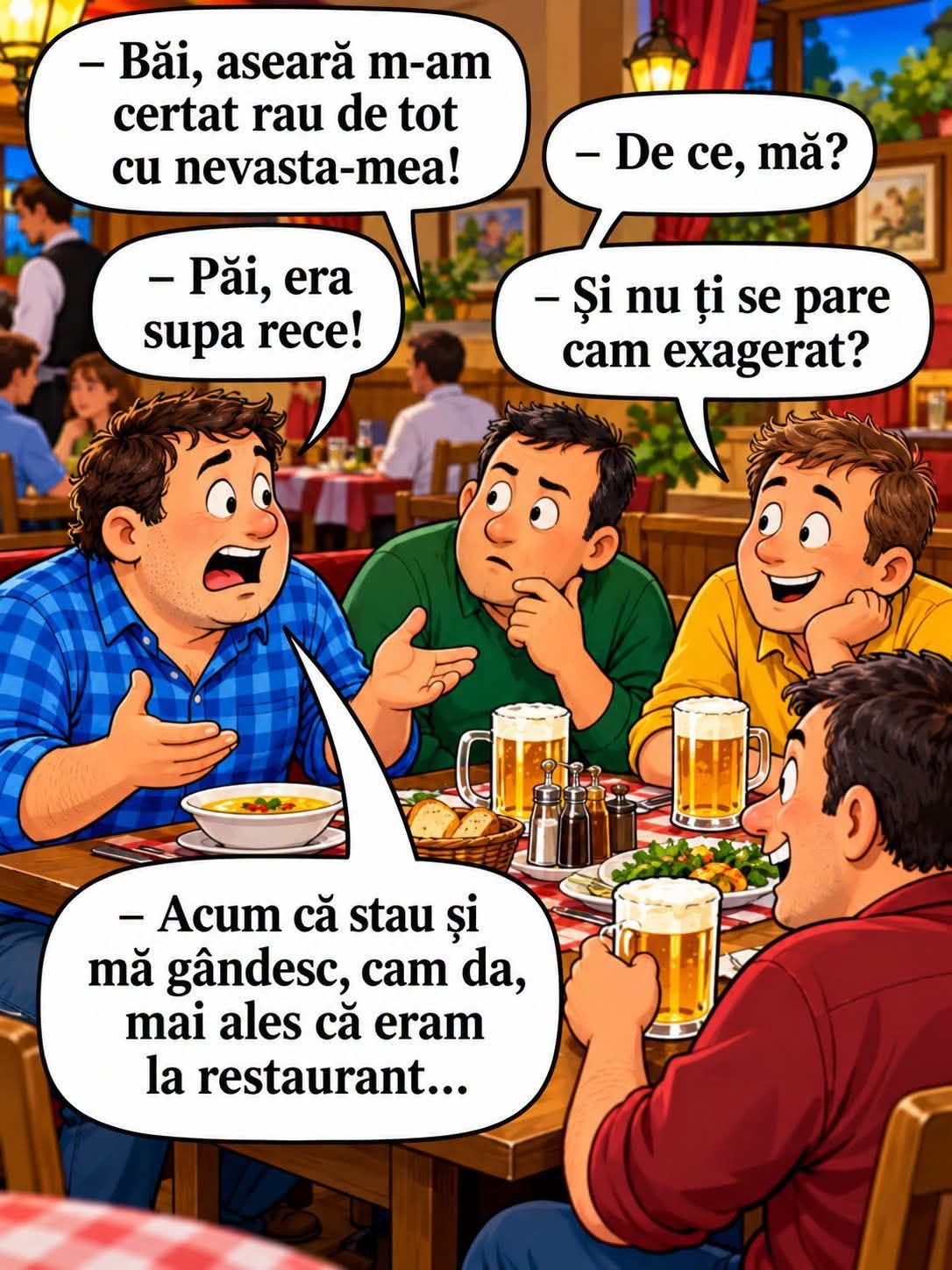 M-am certat aseară rău cu nevasta, era supa rece! Nu ți se pare cam exagerat? Acum că mă gândesc, da, mai ales că eram la restaurant