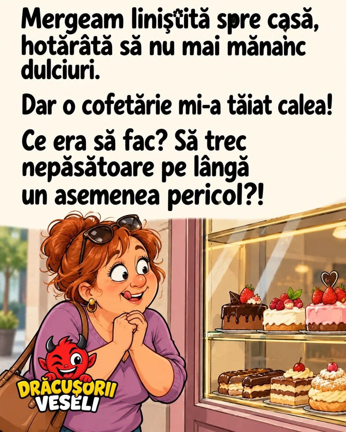 Mergeam liniștită spre casă, hotărâtă să nu mai mănânc dulciuri. Dar o cofetărie mi-a tăiat calea! Ce era să fac?
