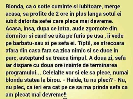 Blonda pleacă acasă mai devreme când pleacă șefa, dar o găsește pe șefă cu soțul ei. A doua zi: Tu nu pleci? Nu, ieri era să mă prindă șefa că am plecat!