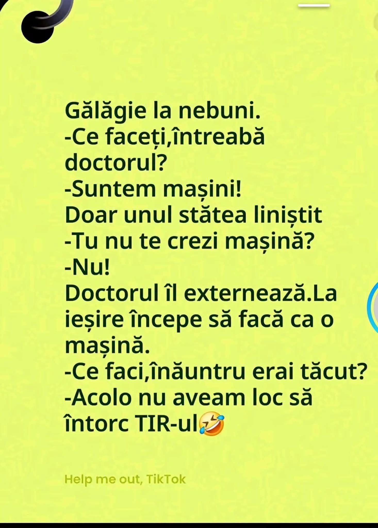 Gălăgie la nebuni: Suntem mașini! Doar unul stătea liniștit. La ieșire face ca o mașină: Acolo nu aveam loc să întorc TIR-ul!