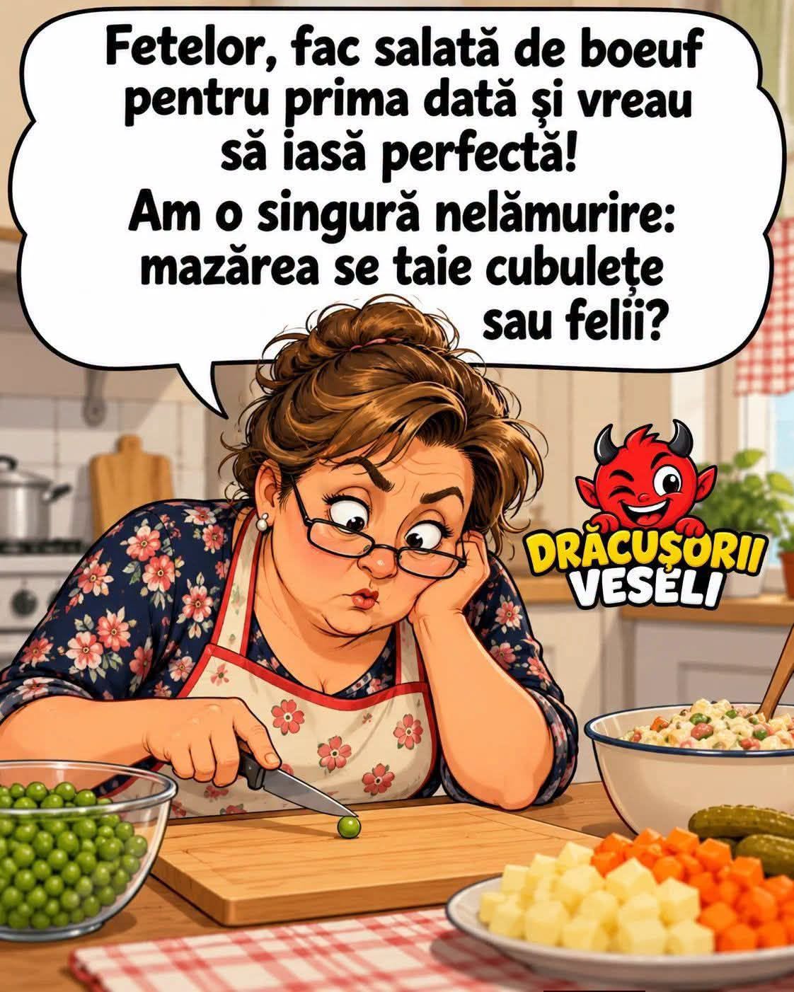 Fetelor, fac salată de boeuf pentru prima dată și vreau să iasă perfectă! O singură nelămurire: mazărea se taie cubulețe sau felii?