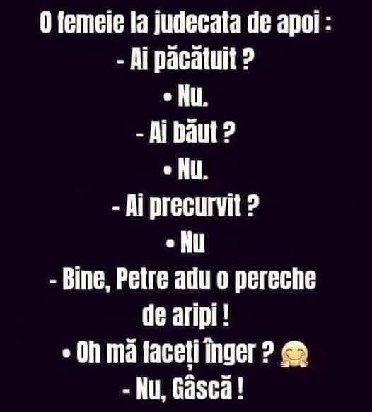 O femeie la judecata de apoi: Ai păcătuit? Nu. Ai băut? Nu. Ai înșelat? Nu. Bine, Petre, adu o pereche de aripi! Oh, mă faceți înger? Nu, gâscă!