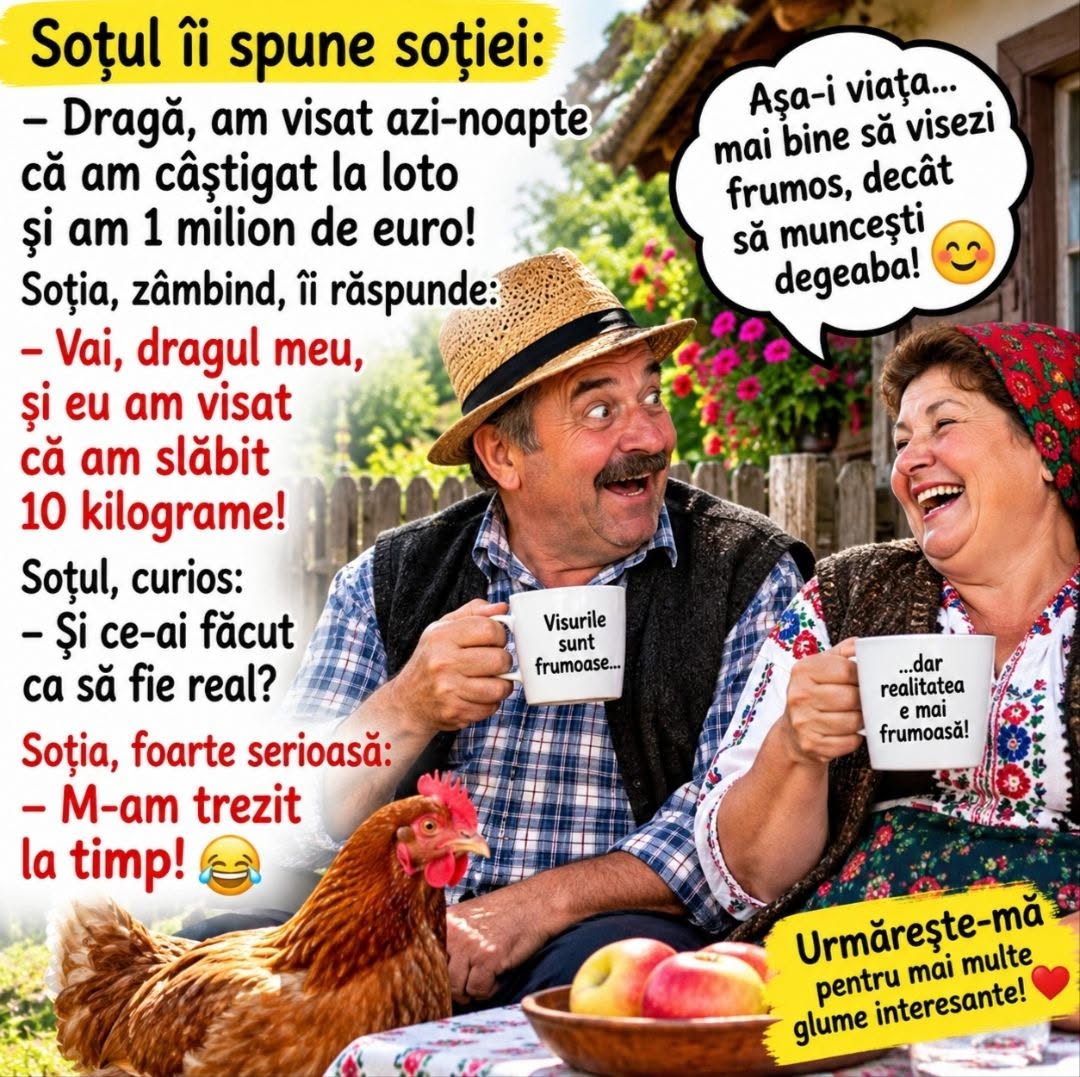 Dragă, am visat că am câștigat 1 milion de euro! Și eu am visat că am slăbit 10 kilograme! Și ce-ai făcut ca să fie real? M-am trezit la timp!