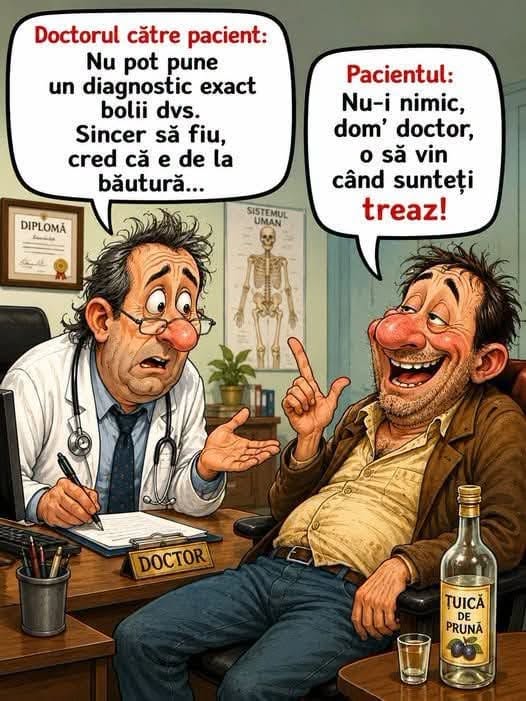 Nu pot pune un diagnostic exact, cred că e de la băutură. Nu-i nimic, dom' doctor, o să vin când sunteți treaz!