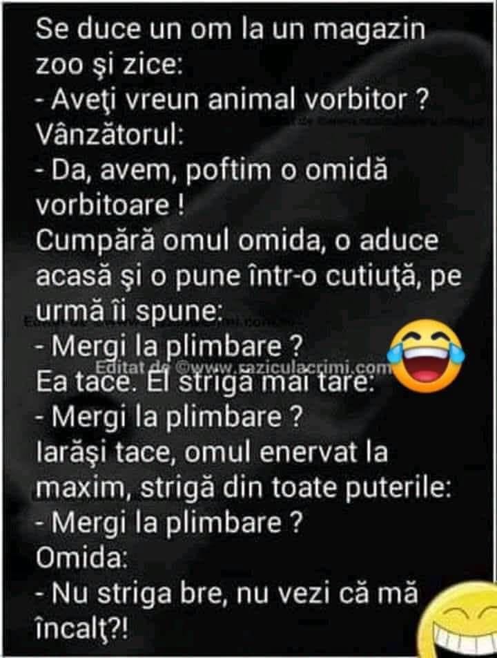 Un om cumpără o omidă vorbitoare. Acasă o tot întreabă: Mergi la plimbare? Omida: Nu striga, bre, nu vezi că mă încalț?!