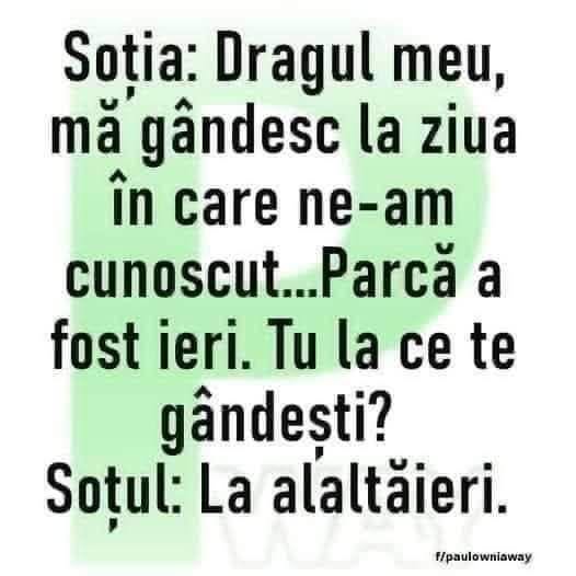 Soția: Mă gândesc la ziua în care ne-am cunoscut... parcă a fost ieri. Tu la ce te gândești? Soțul: La alaltăieri.