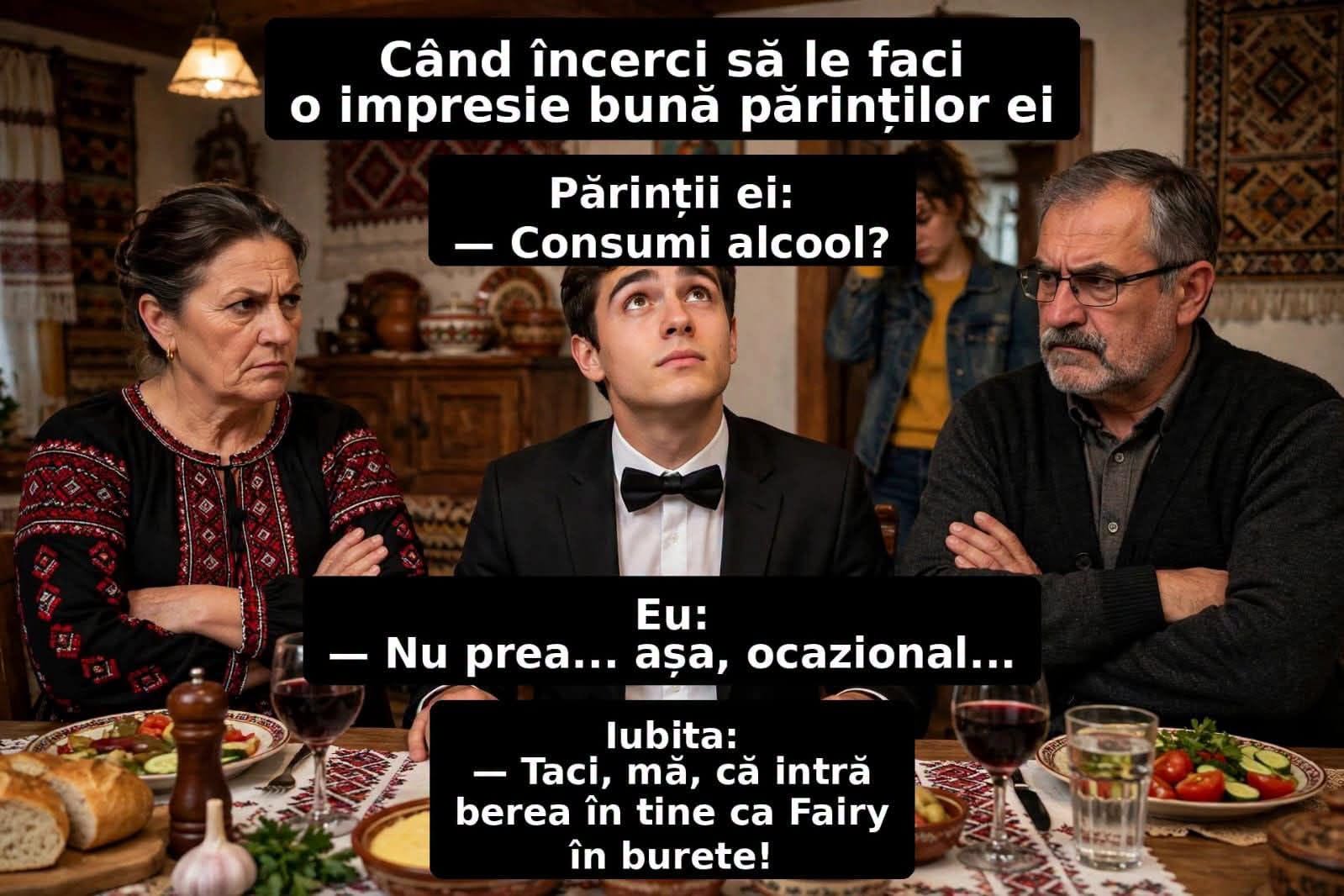 Când încerci să le faci o impresie bună părinților ei: Consumi alcool? Nu prea... ocazional. Iubita: Taci, mă, că intră berea în tine ca Fairy în burete!