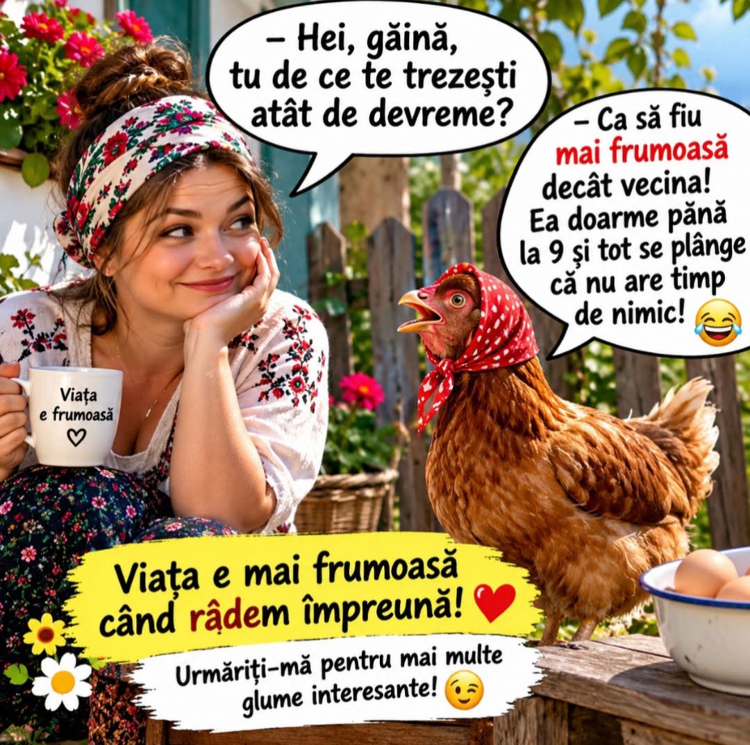 Hei, găină, tu de ce te trezești atât de devreme? Ca să fiu mai frumoasă decât vecina! Ea doarme până la 9 și tot se plânge că n-are timp de nimic!