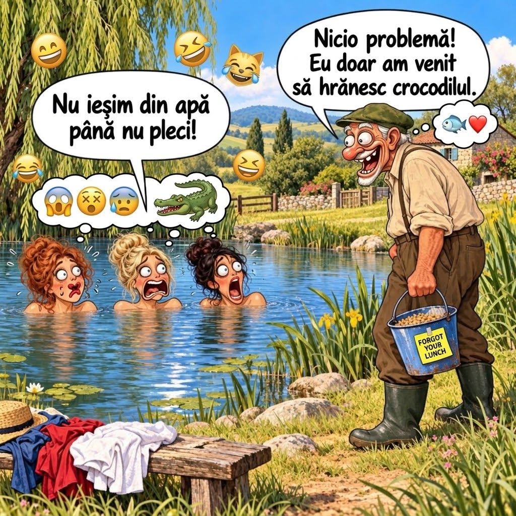 Nu ieșim din apă până nu pleci! Nicio problemă! Eu doar am venit să hrănesc crocodilul.