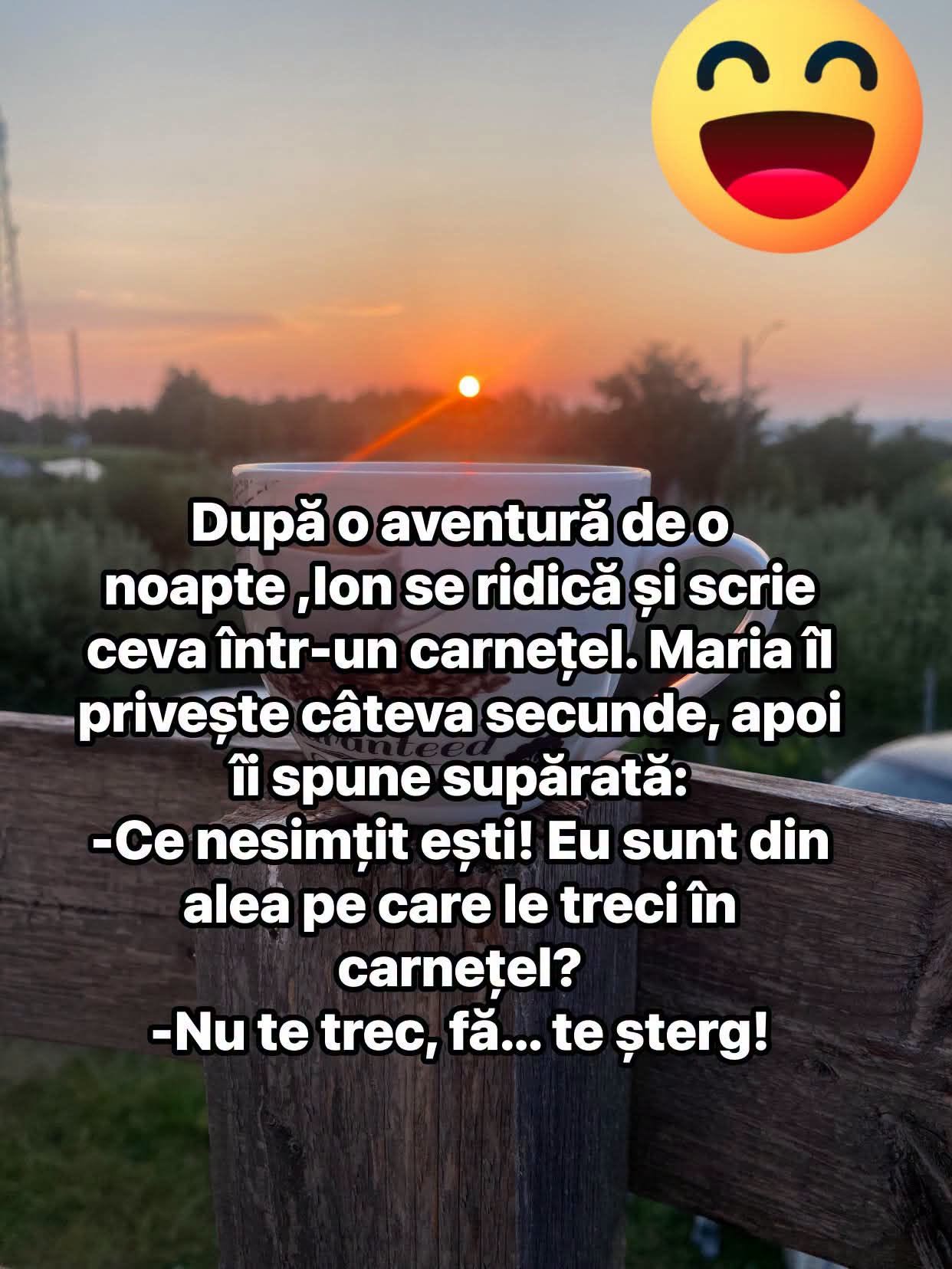 După o aventură de-o noapte, Ion scrie ceva într-un carnețel. Maria: Ce nesimțit! Eu sunt din alea pe care le treci în carnețel? Nu te trec, fă... te șterg!