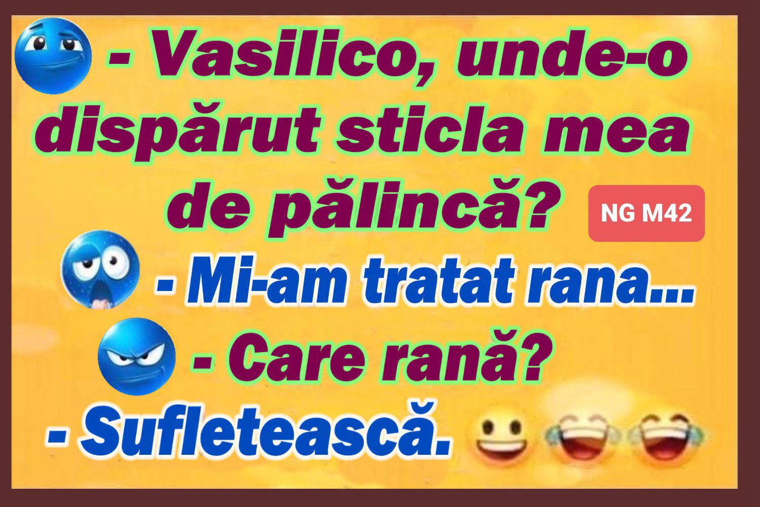 Vasilico, unde-o dispărut sticla mea de pălincă? Mi-am tratat rana... Care rană? Sufletească.
