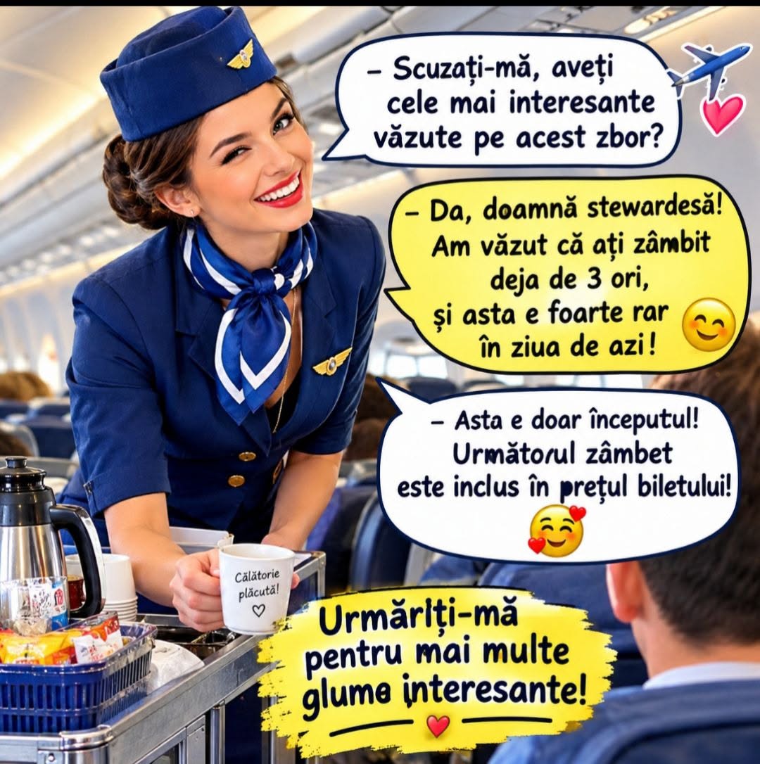 Stewardesa: Asta e doar începutul! Următorul zâmbet este inclus în prețul biletului!