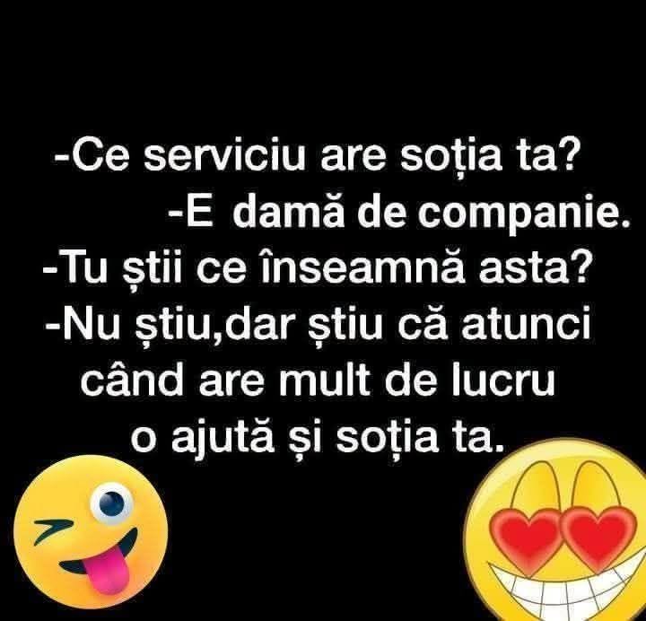 Ce serviciu are soția ta? E damă de companie. Tu știi ce înseamnă asta? Nu, dar știu că atunci când are mult de lucru o ajută și soția ta.
