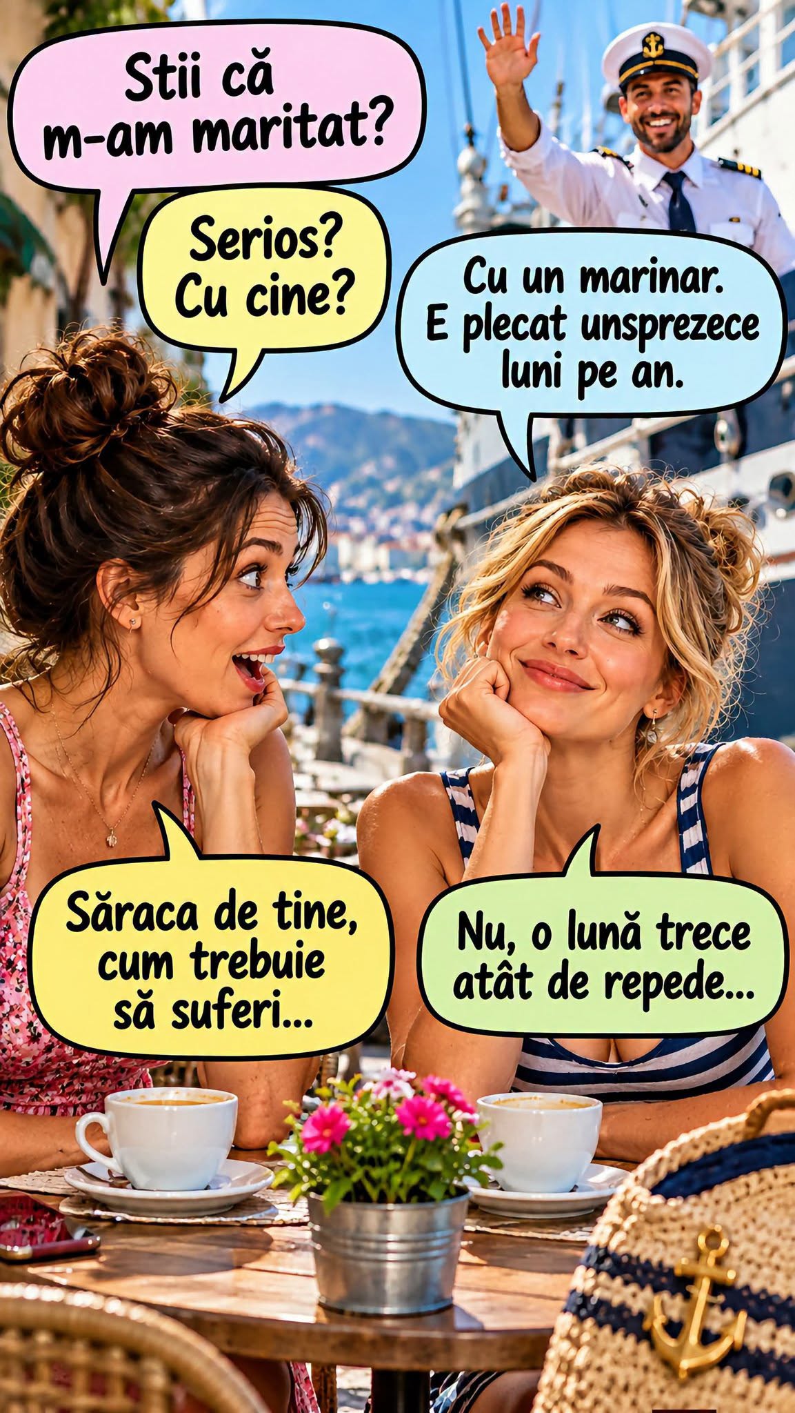 Știi că m-am măritat? Cu cine? Cu un marinar, e plecat unsprezece luni pe an. Săraca de tine, cum trebuie să suferi... Nu, o lună trece atât de repede...