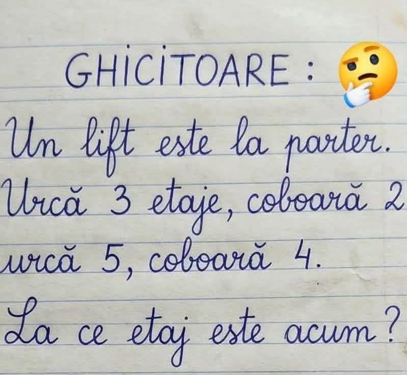 Ghicitoare: Un lift este la parter. Urcă 3 etaje, coboară 2, urcă 5, coboară 4. La ce etaj este acum?