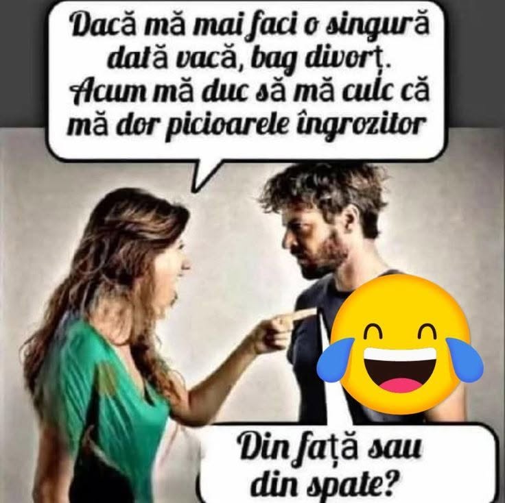 Dacă mă mai faci o singură dată vacă, bag divorț! Acum mă duc să mă culc, că mă dor picioarele îngrozitor. Din față sau din spate?