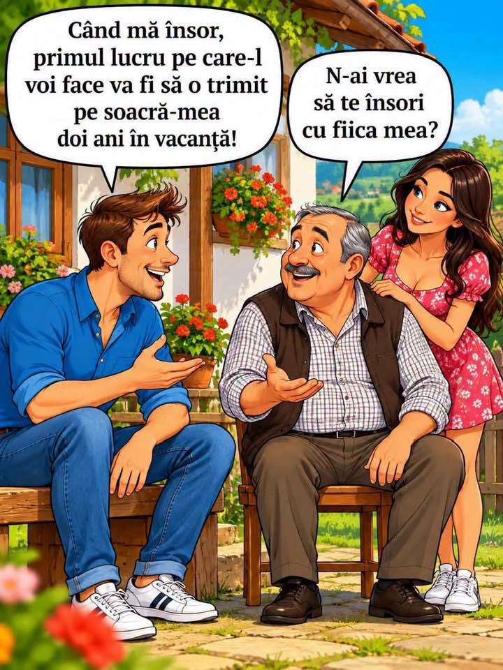 Când mă însor, primul lucru pe care-l voi face va fi s-o trimit pe soacră-mea doi ani în vacanță! N-ai vrea să te însori cu fiica mea?