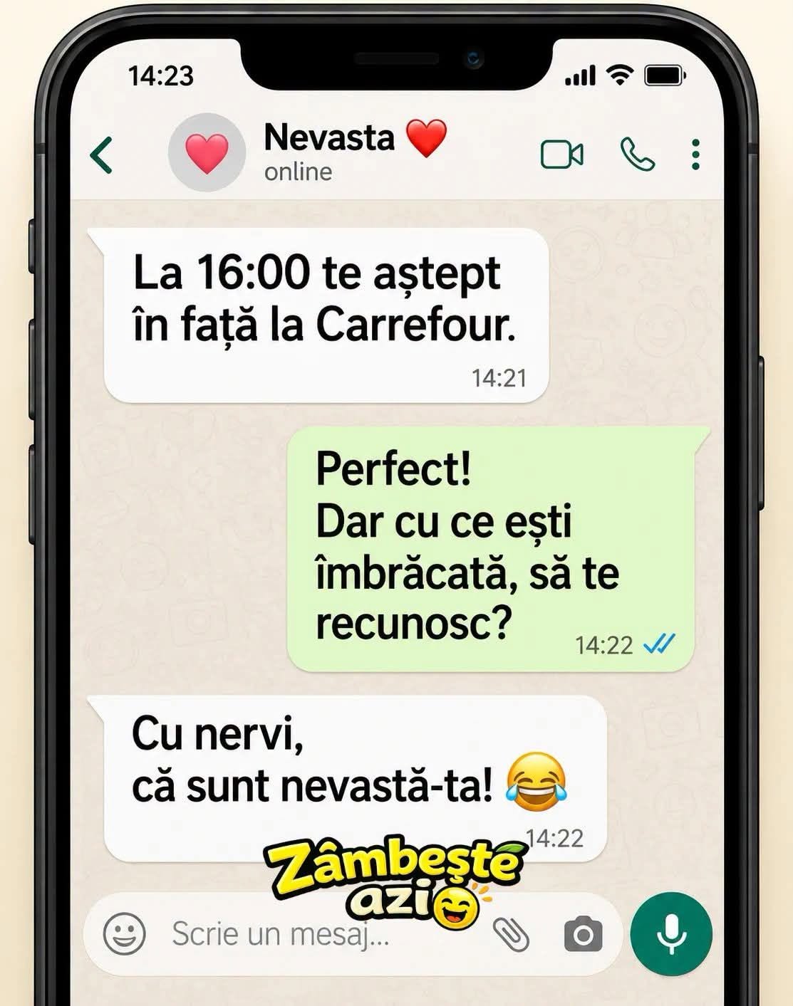 La 16:00 te aștept în fața la Carrefour. Perfect! Dar cu ce ești îmbrăcată, să te recunosc? Cu nervi, că sunt nevastă-ta!