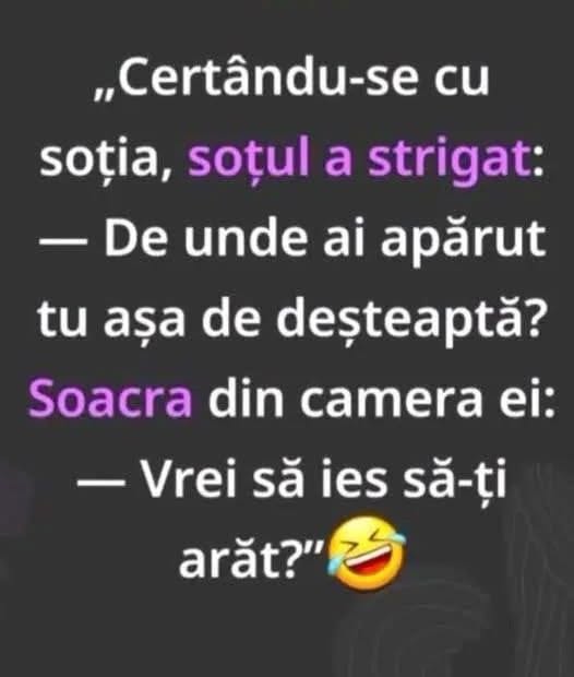 Certându-se cu soția, soțul a strigat: De unde ai apărut tu așa de deșteaptă? Soacra din camera ei: Vrei să ies să-ți arăt?