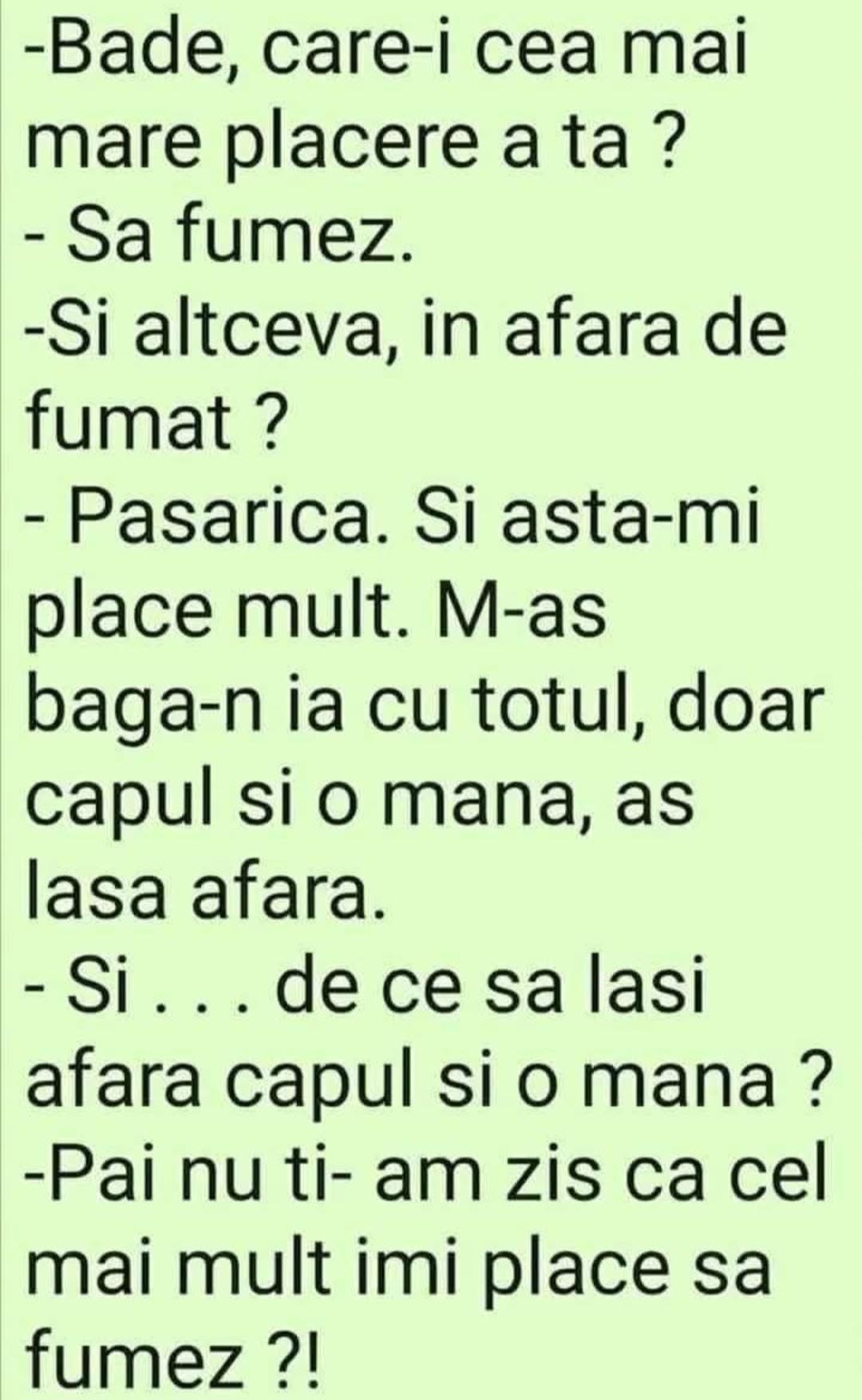 Bade, care-i cea mai mare plăcere? Să fumez. Și altceva? Păsărica, m-aș băga cu totul în ea, doar capul și mâna afară. De ce? Păi nu ți-am zis că-mi place să fumez?!