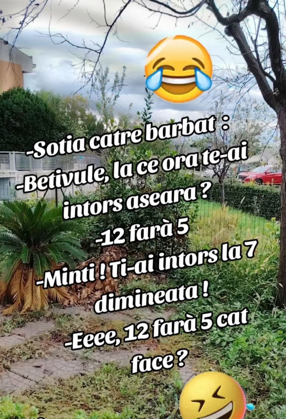Bețivule, la ce oră te-ai întors aseară? 12 fără 5. Minți! Te-ai întors la 7 dimineața! Eee, 12 fără 5 cât face?