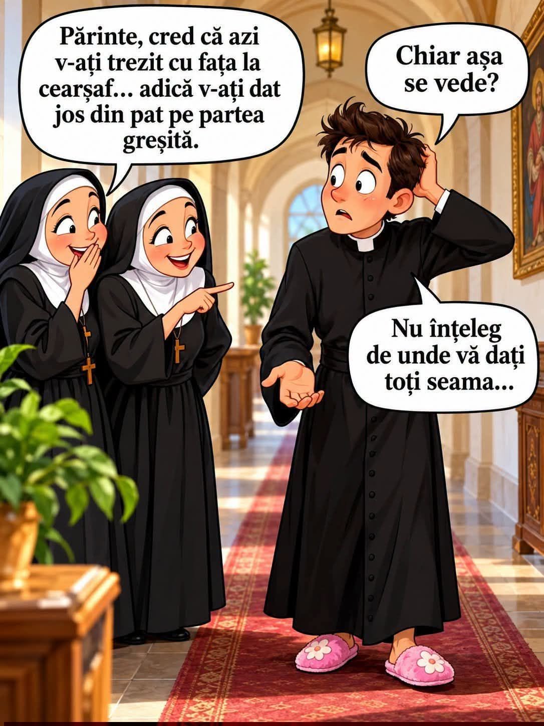 Părinte, cred că azi v-ați trezit cu fața la cearșaf... adică v-ați dat jos din pat pe partea greșită. Chiar așa se vede?