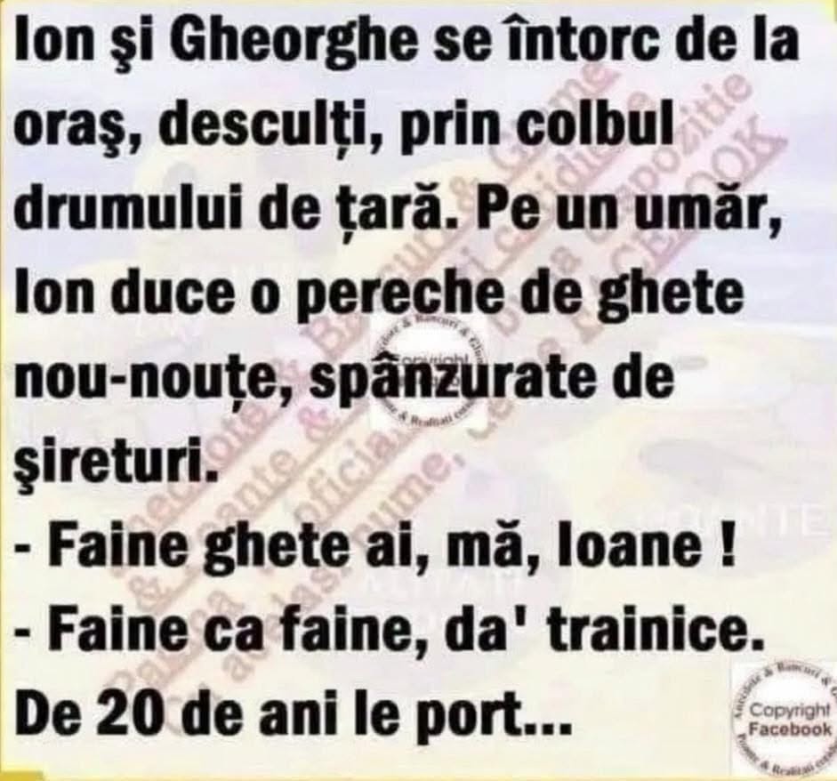 Ion și Gheorghe se întorc desculți de la oraș, cu ghetele noi pe umăr. Faine ghete ai, mă, Ioane! Faine ca faine, da' trainice: de 20 de ani le port...