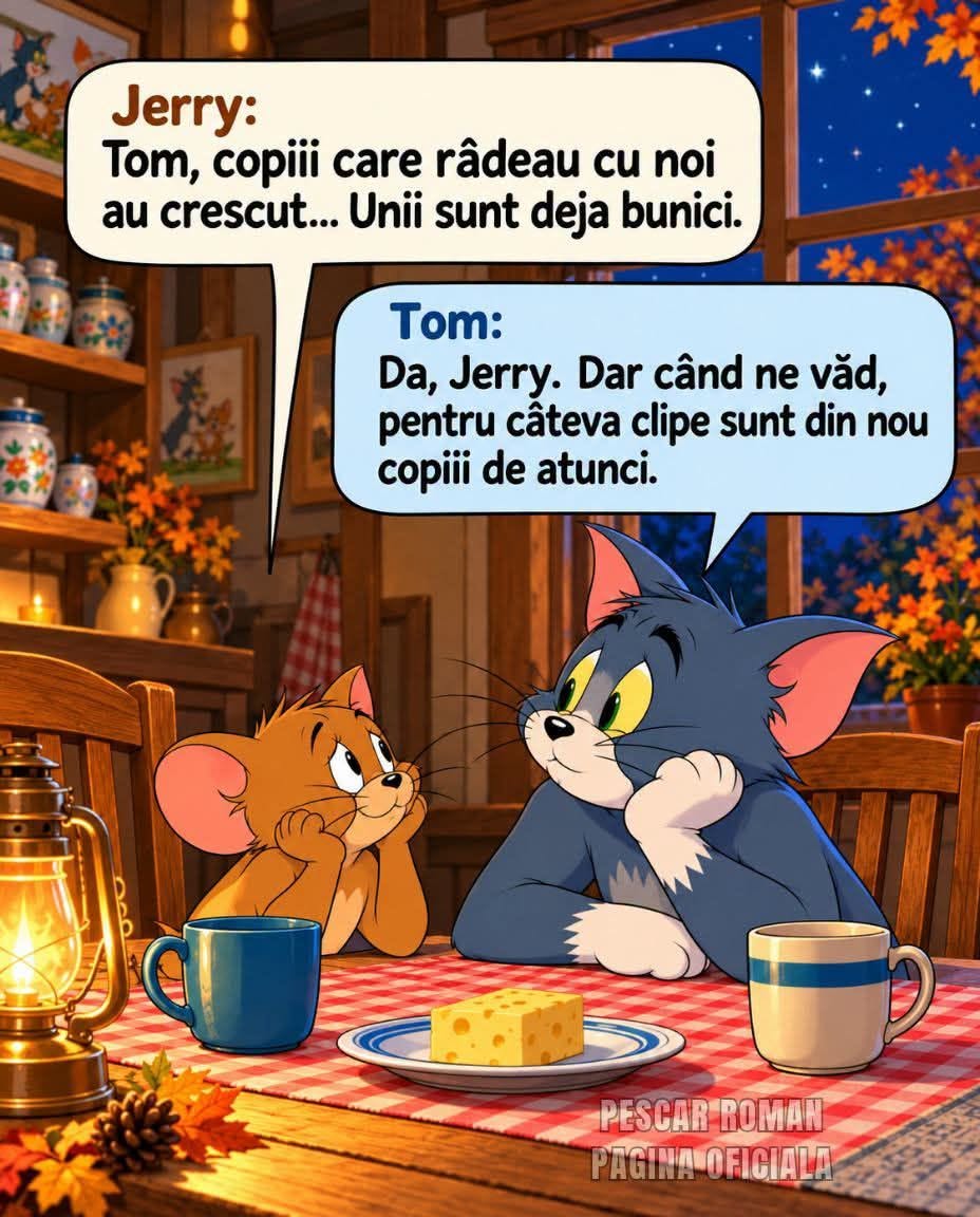 Jerry: Tom, copiii care râdeau cu noi au crescut... Unii sunt deja bunici. Tom: Da, Jerry. Dar când ne văd, pentru câteva clipe sunt din nou copiii de atunci.