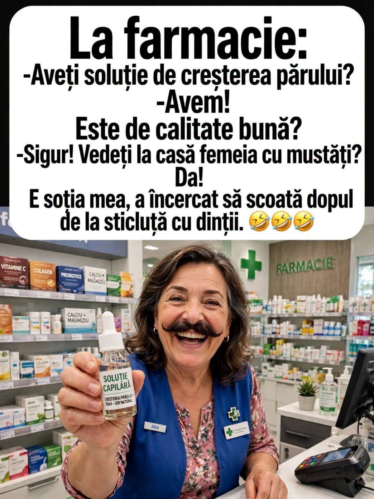La farmacie: Aveți soluție de creștere a părului? E bună? Sigur! Vedeți femeia de la casă cu mustăți? E soția mea, a încercat să scoată dopul de la sticluță cu dinții